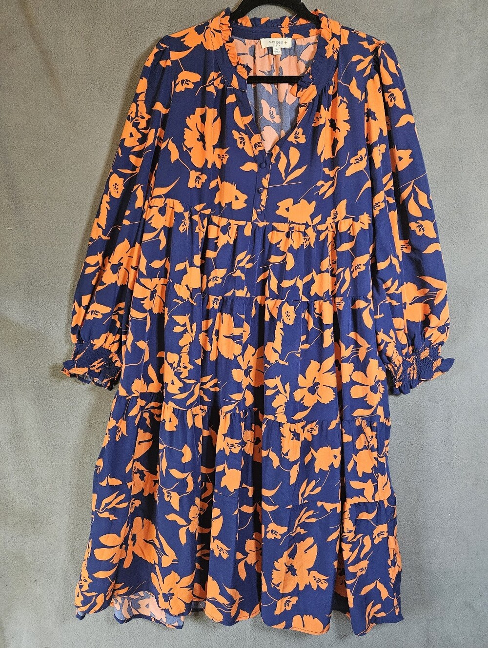 Umgee Womens XL Maxi Teir Dress Oversized Puff Long Sleeve Boho Floral Buttons